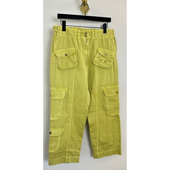 FREE PEOPLE Tahiti Herringbone Cargo Pants in Citronelle Size Small - Picture 3 of 11